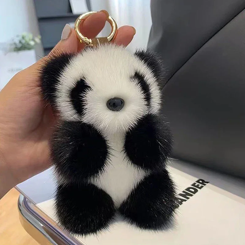 Panda Plush Doll Women Bag Ornaments Cute Imitation Mink Fur Panda Car Keychain Cute Bear Car Key Chain Fashion Girls Gift