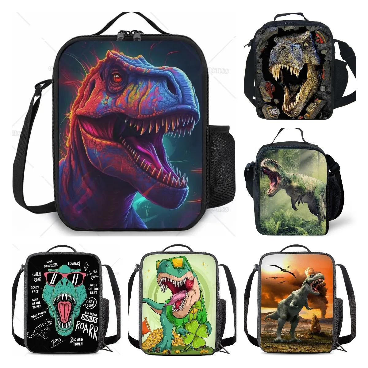 Funny Dinosaur Insulated Lunch Bag for Girls Boys Kids Reusable Cooler Thermal Lunch Bag with Pocket Lunchbox for School