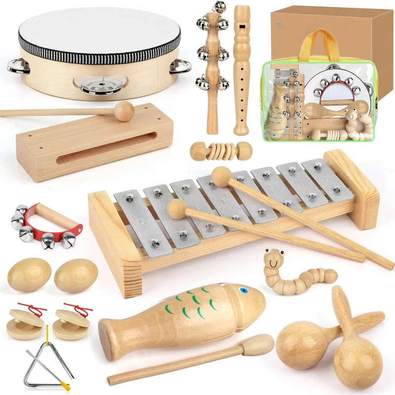 Kids Musical Instruments,100% Natural Wooden Music Percussion Toy Sets, 23 Pcs Tambourine Xylophone Toys for Kids