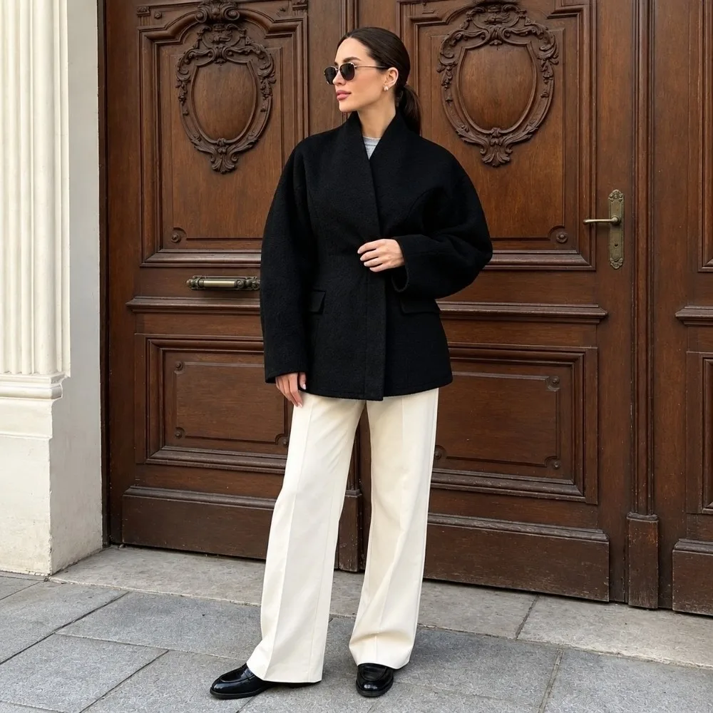 New Short Length Women Short Wool Coat Fitted Waist Bubble Sleeve Wrap Neck Overcoat Bubble Sleeve Outerwear Casual Gathering