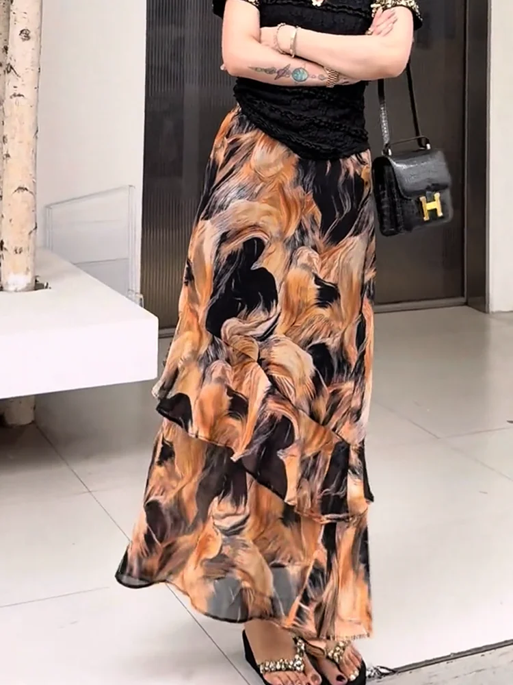 

Модная художественная юбка с эластичным поясом, скрывающая недостатки фигуры, стройнящая, длинная, для повседневной носки, в корейском стиле, больших размеров, женская юбка