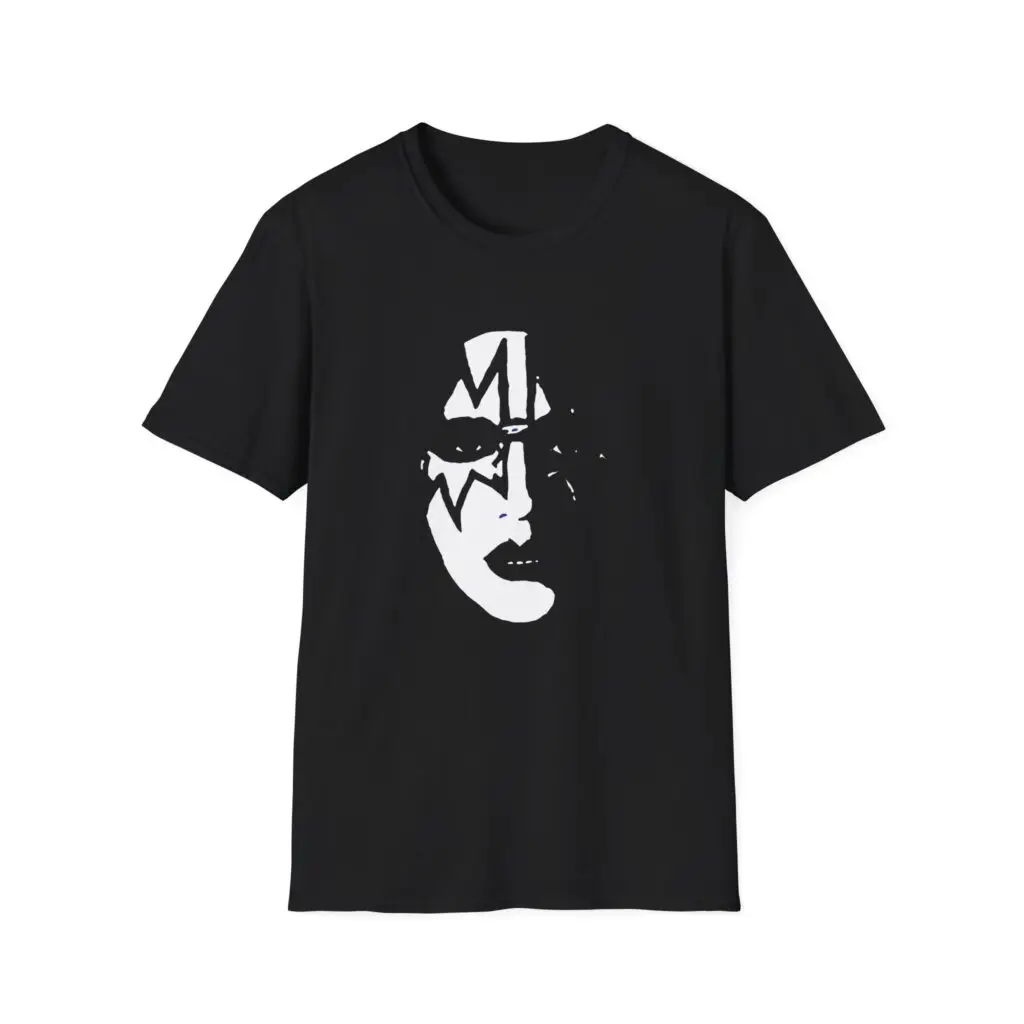 Camiseta com tema KISS Ace Frehley Signature Star: base preta com pintura facial icônica e design de guitarra Fan Merch Camiseta feminina