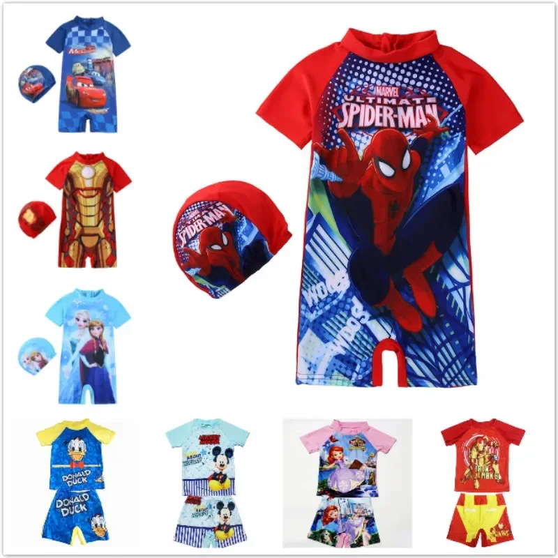 New Kids Girls Boys Swimwear Cartoon Frozen Anna Elsa Pixar Cars Spiderman Bathing Hat Set Children Beachwear Surfing Swimsuit