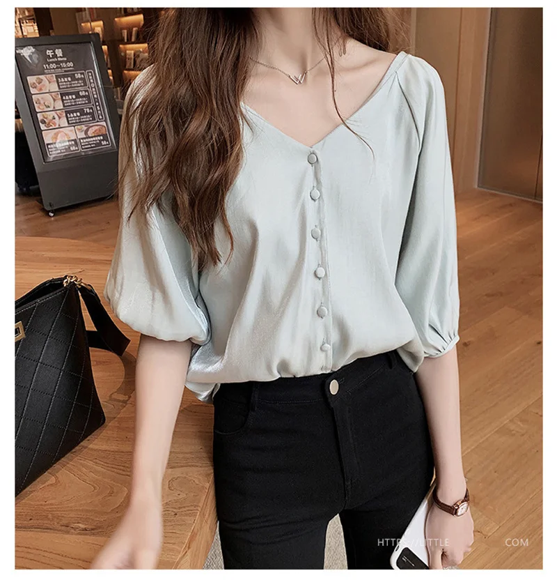 PLAZSON قمصان وبلوزات camisas de mujer Women Solid shirts & blouses Spring Summer Casual V Neck Loose Shirt Oversized Tops