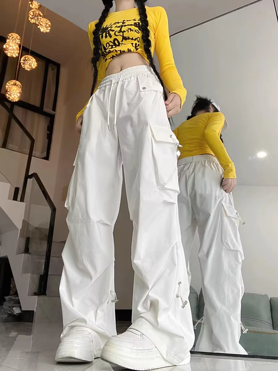 

American style large pocket cargo pants women's spring summer new style wide leg pants loose slimming casual sports pants