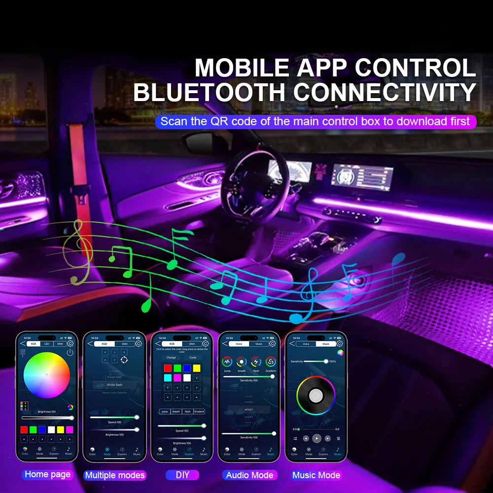 Universal led carro luz ambiente sinfonia cor streamer rgb interior escondido tira acrílica decoração atmosfera lâmpada por app