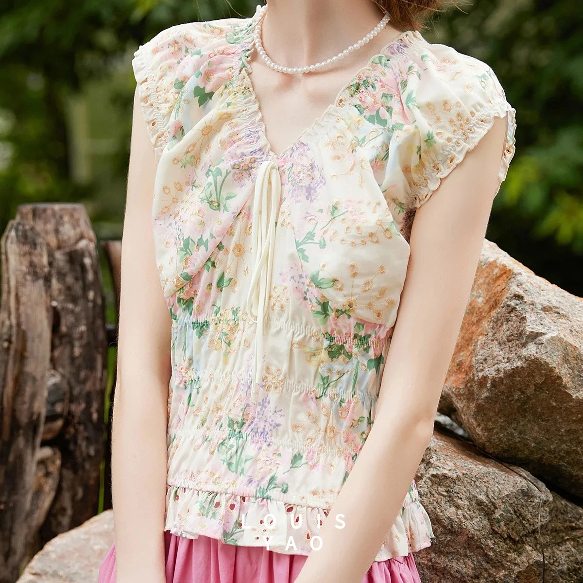 LOUISYAO 2026 Summer Hollow Out Embroidery Blouse Women Tie V Neck Waist Shirred Woven Top