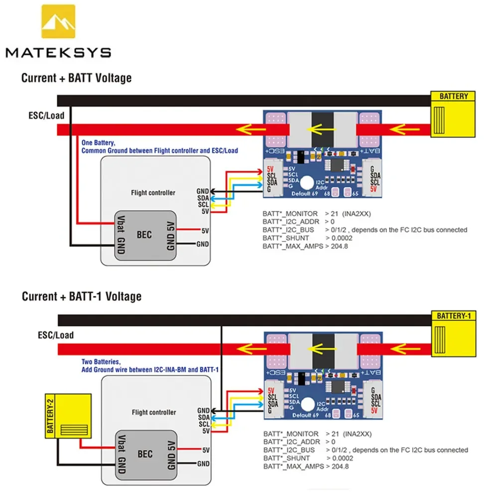 MATEK Mateksys I2C-INA-BM MONITOR DE ALIMENTACIÓN I2C ULTRA-PRECISE para RC FPV Drone