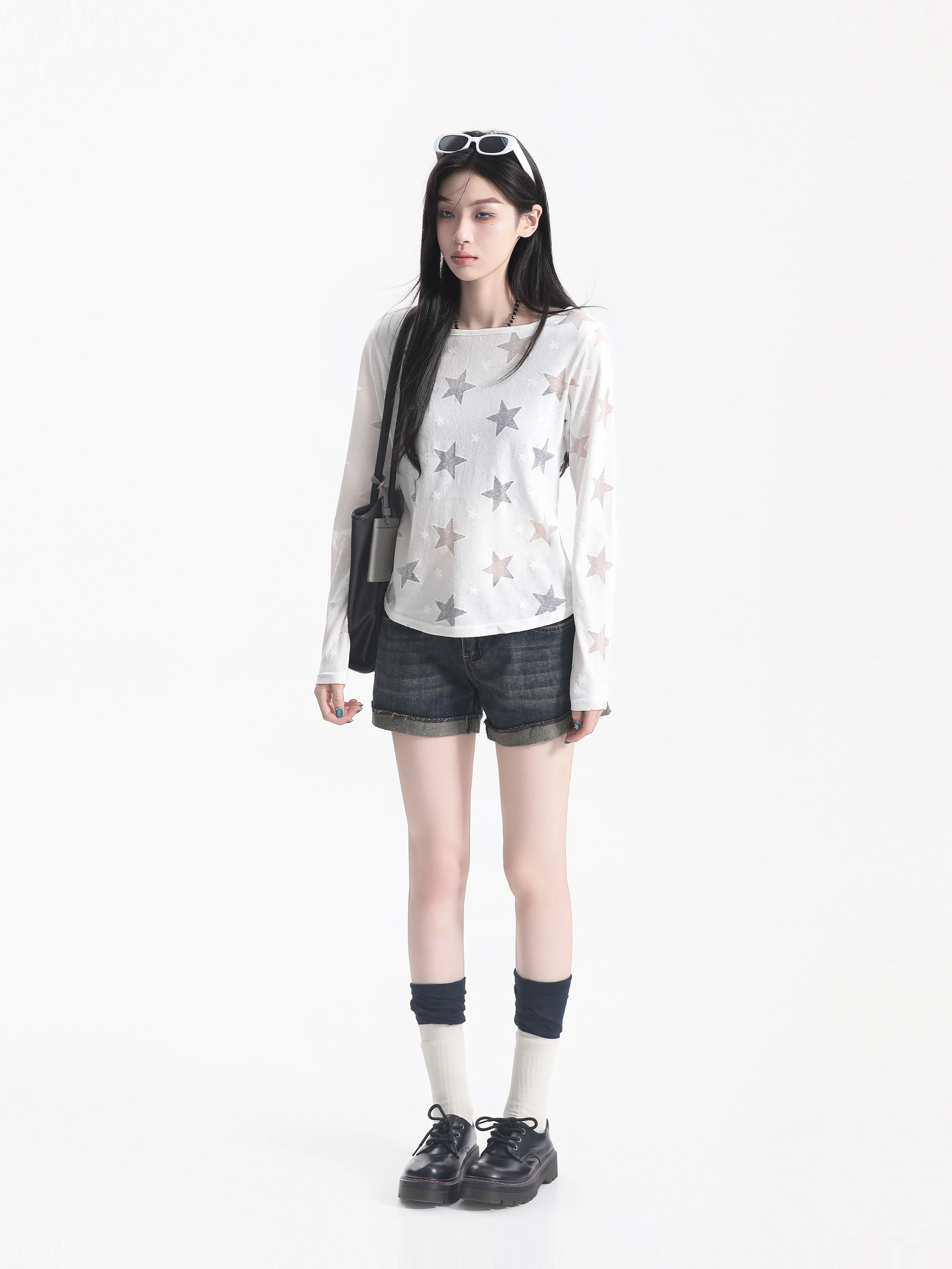 Slimming Effect Hollow out Long Sleeve Micro Transparent Pure Desire Style T Shirt Korean Design Star Print Casual Fashion