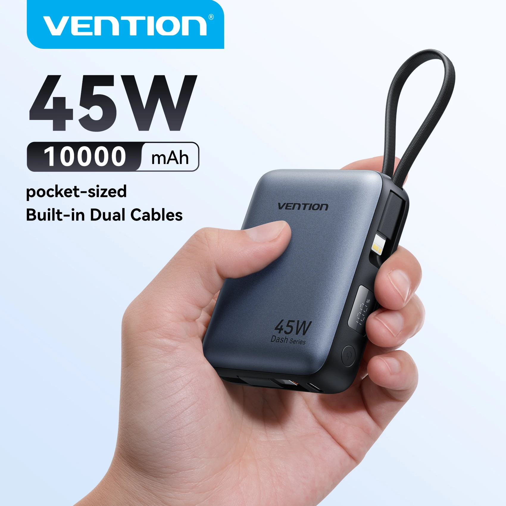 

Портативный внешний аккумулятор Vention 45W 10000mAh со встроенным кабелем USB-C для iPhone 17, Samsung S26, карманный дополнительный аккумулятор