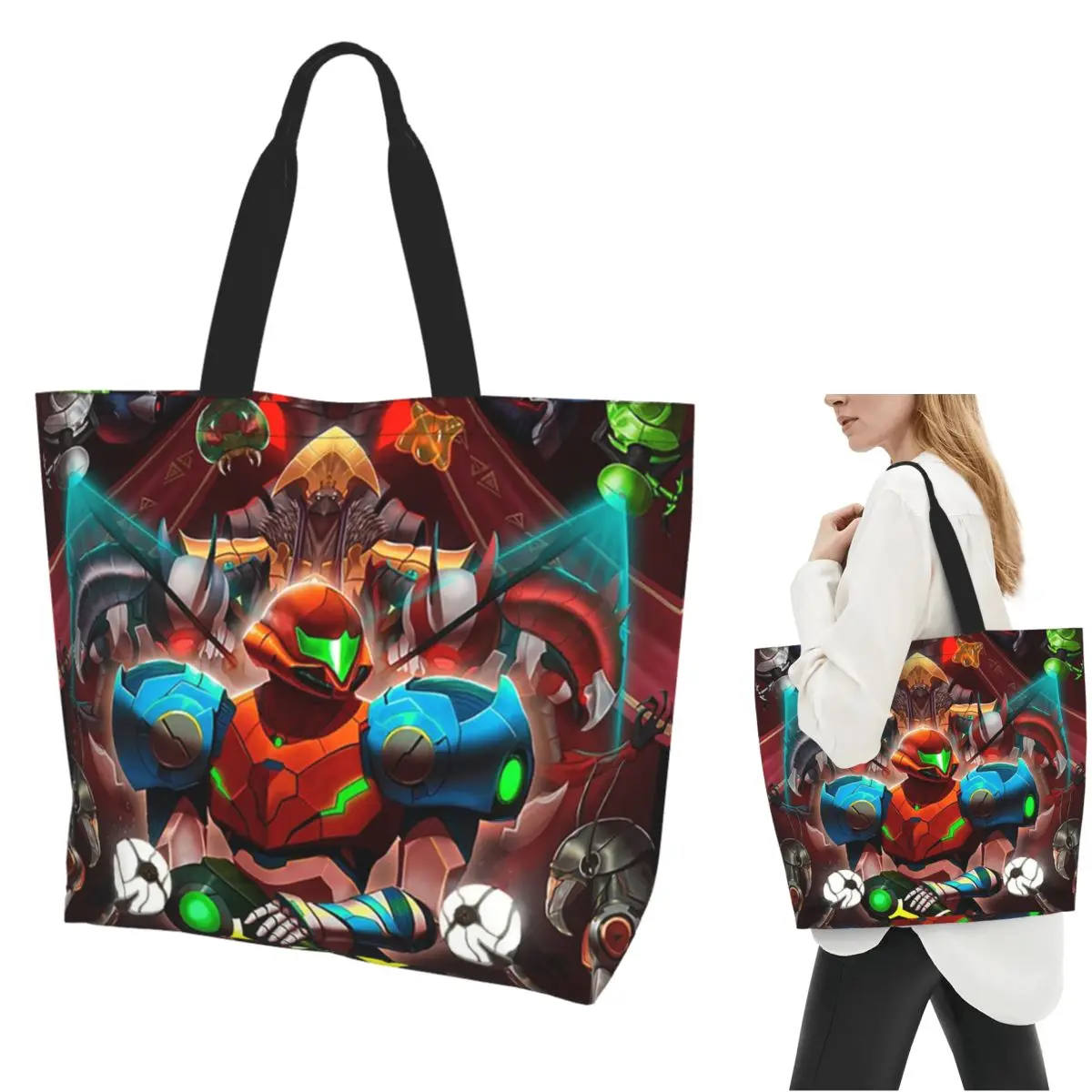 

Metroid Dread Metroid Samus Aran Сумка-тоут для покупок Холщовая сумка на плечо большой вместимости Сумка-шоппер для продуктов для женщин
