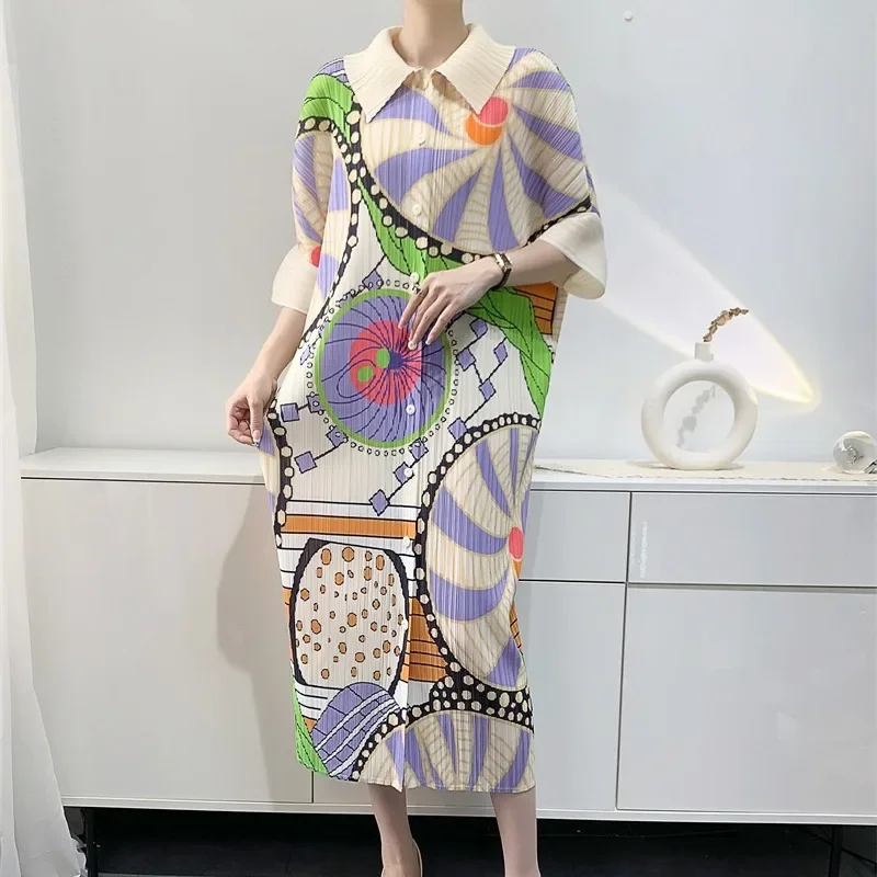 2024 Spring and Summer New Miyake Pleated Dress Women's Medium Printed Pleated Skirt Loose Large Size Elegant Chic Shirt Dresses