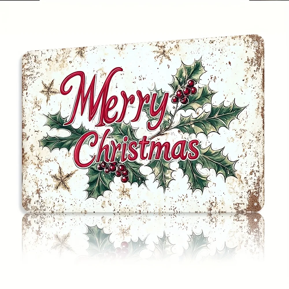  Vintage Floral Metal Tin Sign - Rust-Proof & Waterproof Iron Wall Art with Merry Christmas Design, Holly Berries Snowflakes Ind