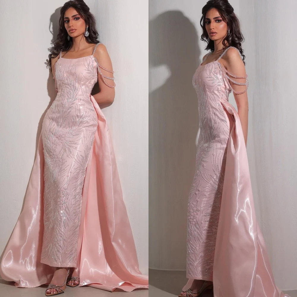 

Customized Temperament Pink Satin Evening Dresses Fashion Strapless Sleeveless Party Gowns Exquisite Special Occasion Gowns