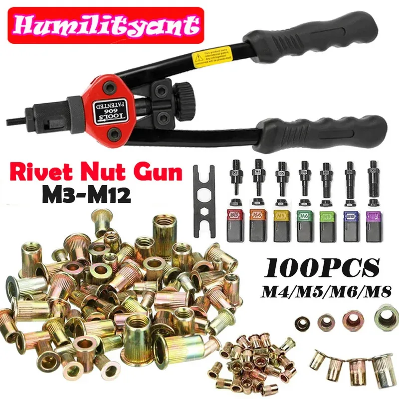 100Pcs Flat Head Riveting Nut Set with 1Set Hand Threaded Rivet Nut Gun With BT606 Insert Manual Riveter Riveting Rivnut Tool