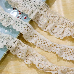 Cotton Ruffled Stretch Lace Fabric, Elastic Lace Trim, Bridal Dress, Costume Design Decoration, Beige Color, 4cm, 6.5cm Width