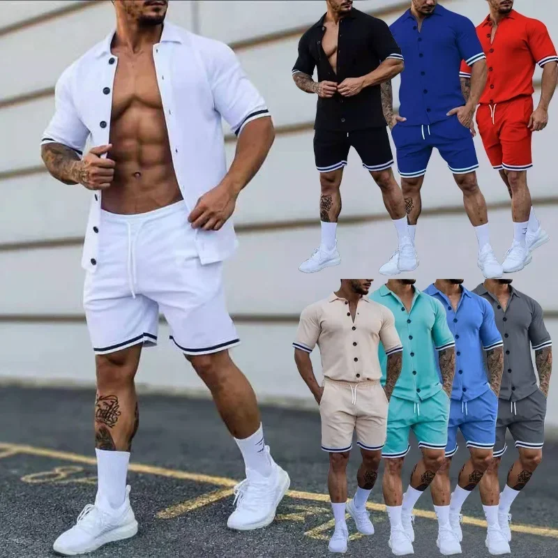 2024 Summer New Cross Border Men's Trendy Polo Set Solid Color Short Sleeved Shirt Two Piece Set for Men