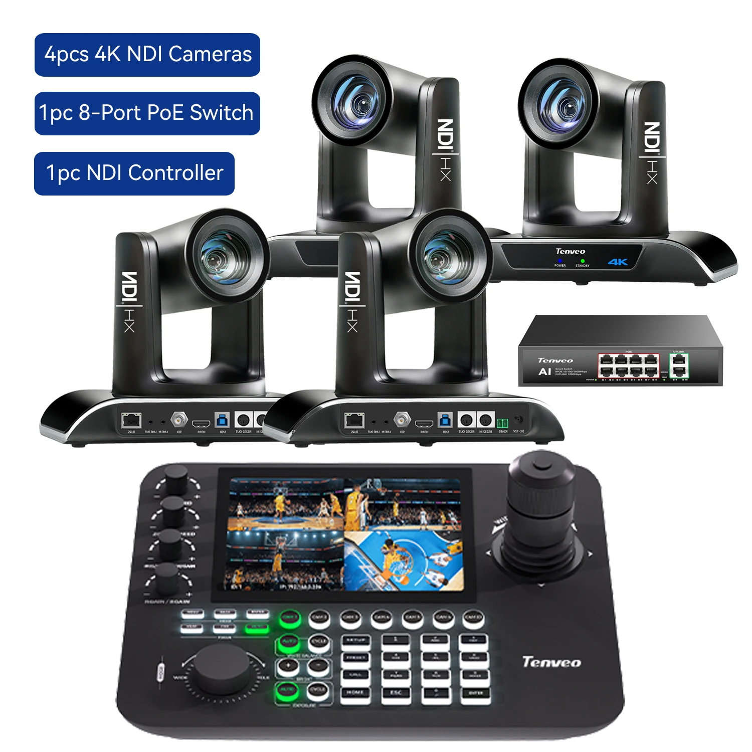 Live Streaming Video Conference System 4Pcs VHD620A NDI PTZ Conference Camera USB/HDMI/SDI/LAN/POE Camera+KB200PRO Controller