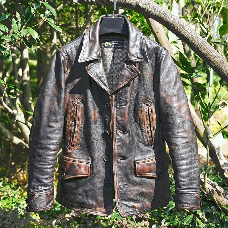 Real Leather Jacket Men Vintage Natural Horsehide Jacket Retro Trend Washed Old Vegetable Tanned Tea Core Horse Leather Jacket F