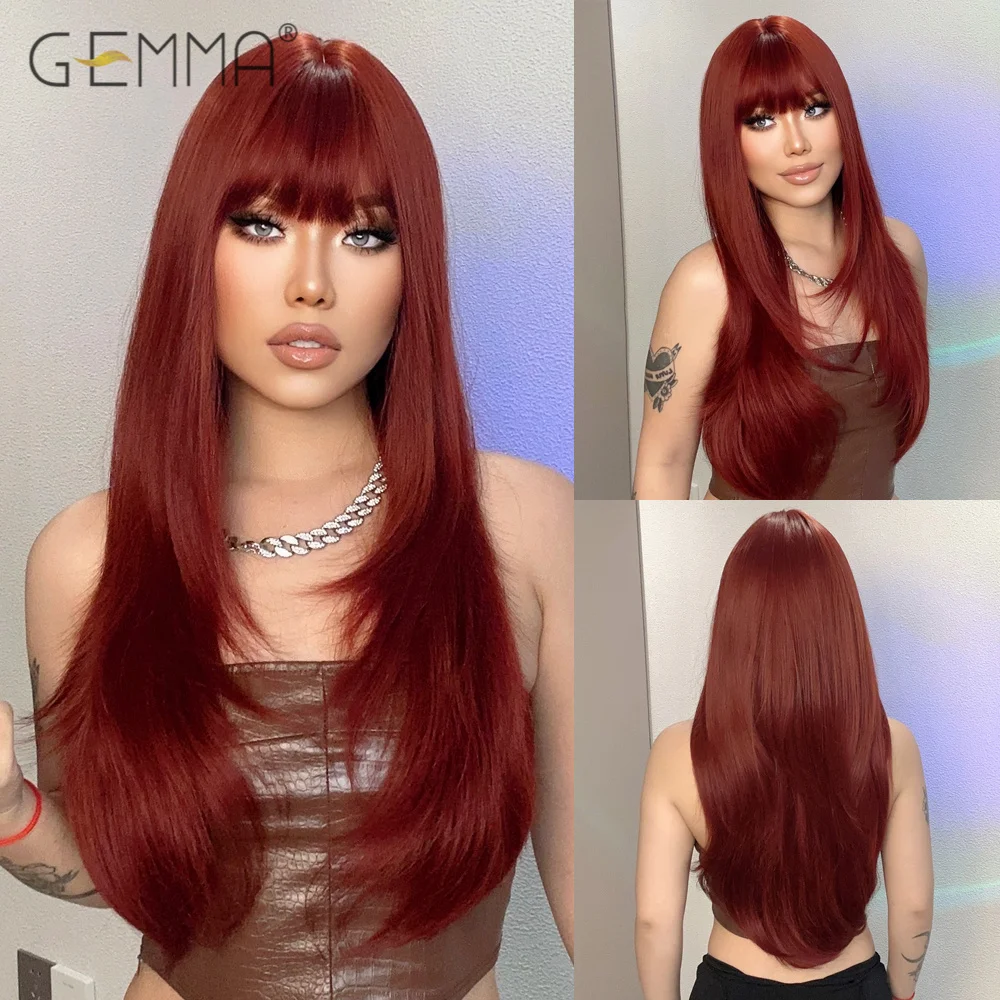 

GEMMA Dark Red Brown Long Straight Synthetic Wig with Bangs Natural Wave Wigs for Women Heat Resistant Cosplay Party Daily Hair