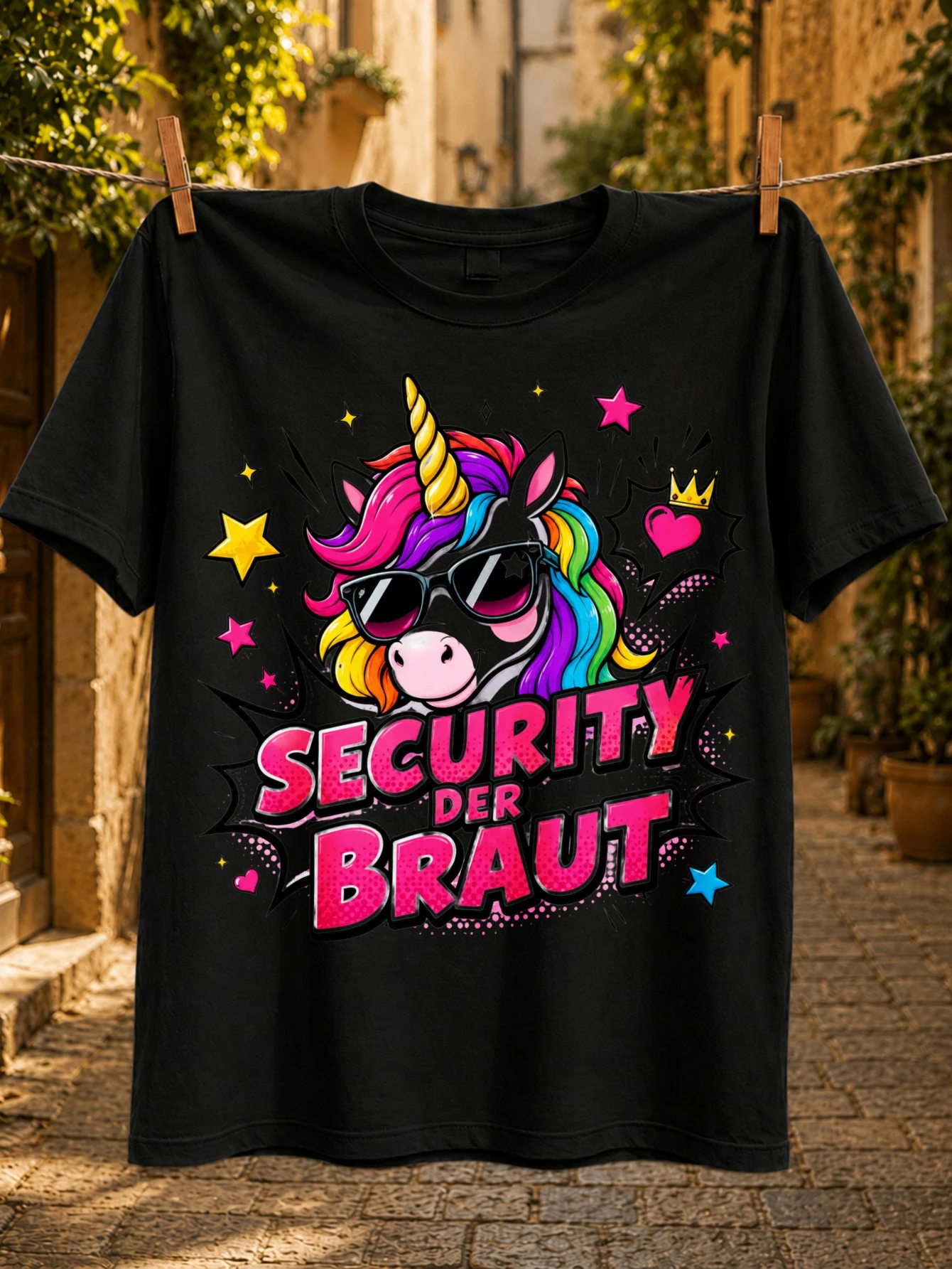 Security Der Braut unicorn with rainbow mane and surrounded by stars crown and colorful hearts  Unisex All T-Shirt