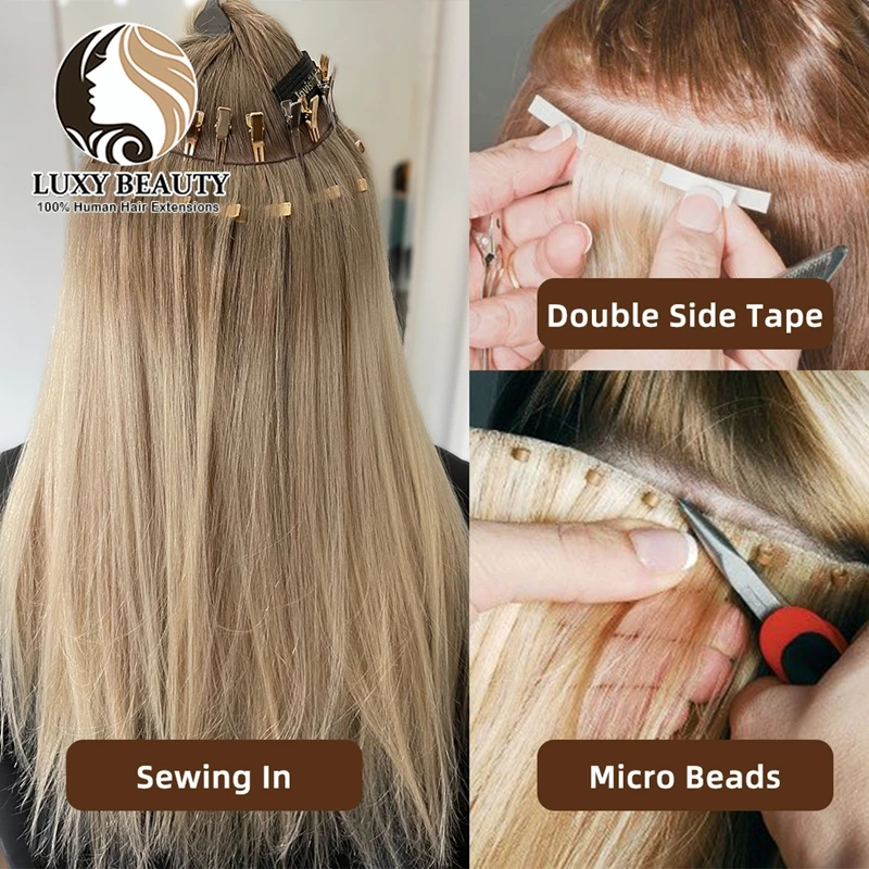 Extensions de Cheveux Humains Longs et Lisses de 12 à 22 Pouces, Mèches Invisibles en PU, Trame Plate, Cousues, Micro Liens, 100g