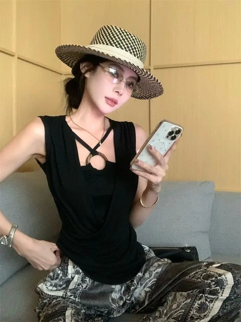 Ring Cross Fake Two-piece Vest Women's Summer New Retro Slim Top