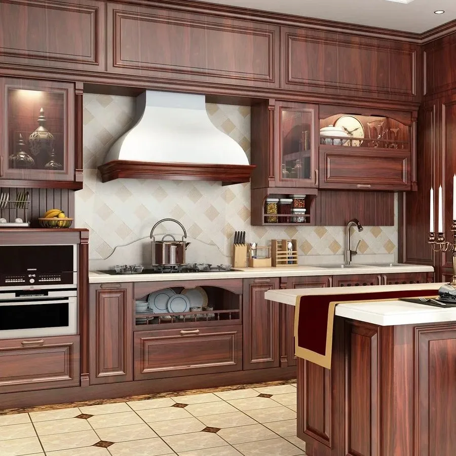 ％French-style High-end Luxury Custom-Made Pine Wood Kitchen Cabinet Modern Design Water Resistant Multi-Functional Wheels Kitche