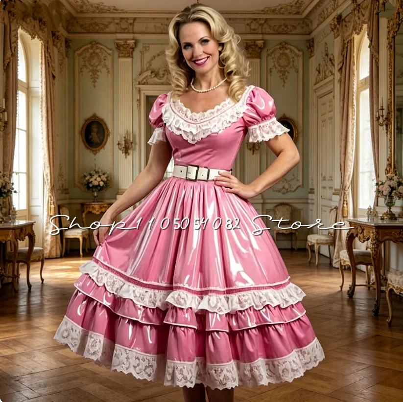 Bezaubernde Rosa Midi-Abendkleider mit Glanzenden Kurzen Ärmeln, Spitzenbesatz und A-Linie - Elegante Partykleider 2026 	   Ballkleid nach Maß
