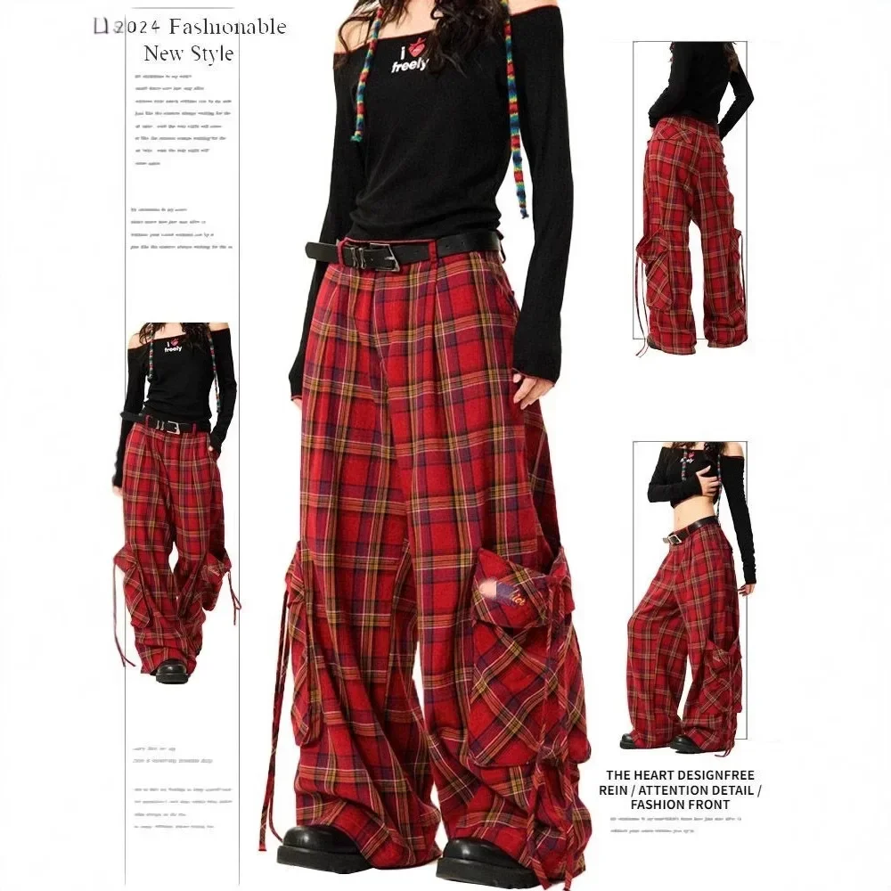 

Pop Women's Workwear Pants Spring Autumn New American Trendy Brand Color Block Plaid Multiple Pockets Vintage Street Dance Wide