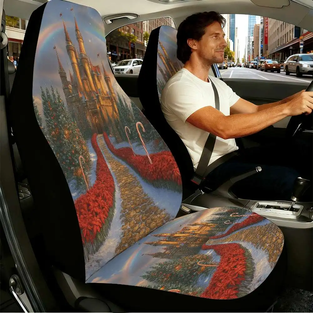 2pcs Festive Christmas Castle Car Seat Covers Suitable For Front Seats, High Back Design, Material, Suitable For Cars, SUVs And