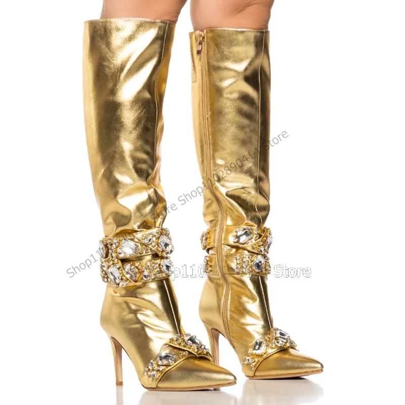 

Gold Crystal Belt Decor Pointed Toe Boots Knee High Side Zipper Women Shoes Thin High Heels New Fashion 2023 Zapatos Para Mujere