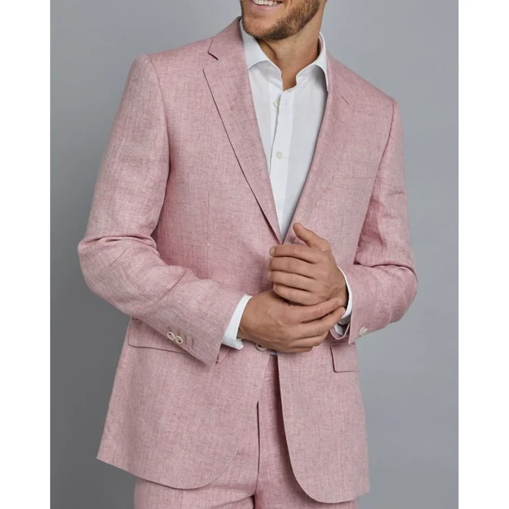 

Розовые льняные мужские костюмы Slim Fit, высококачественные мужские пиджаки с лацканами, свадебный смокинг, индивидуальный заказ, куртка + брюки, костюм Homme