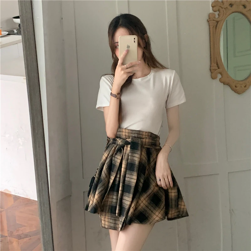 New 2024 INS Fashion Korean Style Casual Loose Plaid Skirt T-Shirt Two-Piece Suit For Women