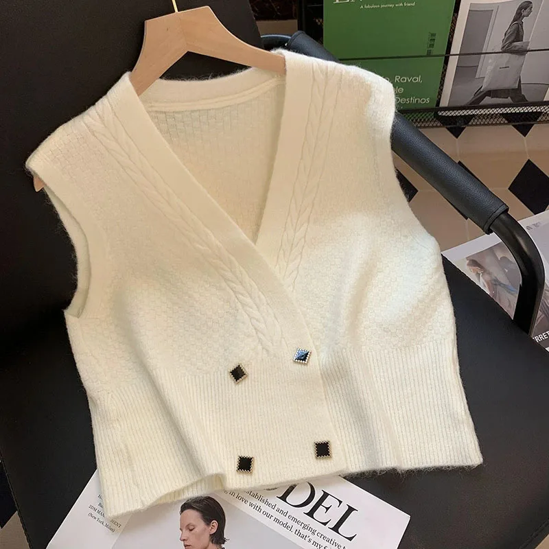 

Women V-Neck Cropped Knitted Vest All-Match Simple Double-Breasted Sleeveless Cardigans 2025 Autumn Winter New Sweater Waistcoat