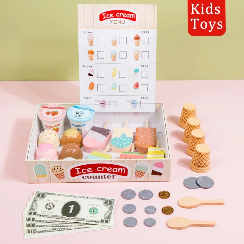 مجموعة لعب عداد الآيس كريم من مونتيسوري للأطفال، ملحقات المطبخ للطعام التظاهري، ألعاب تعليمية للعملات المعدنية للفتيات والأولاد والأطفال