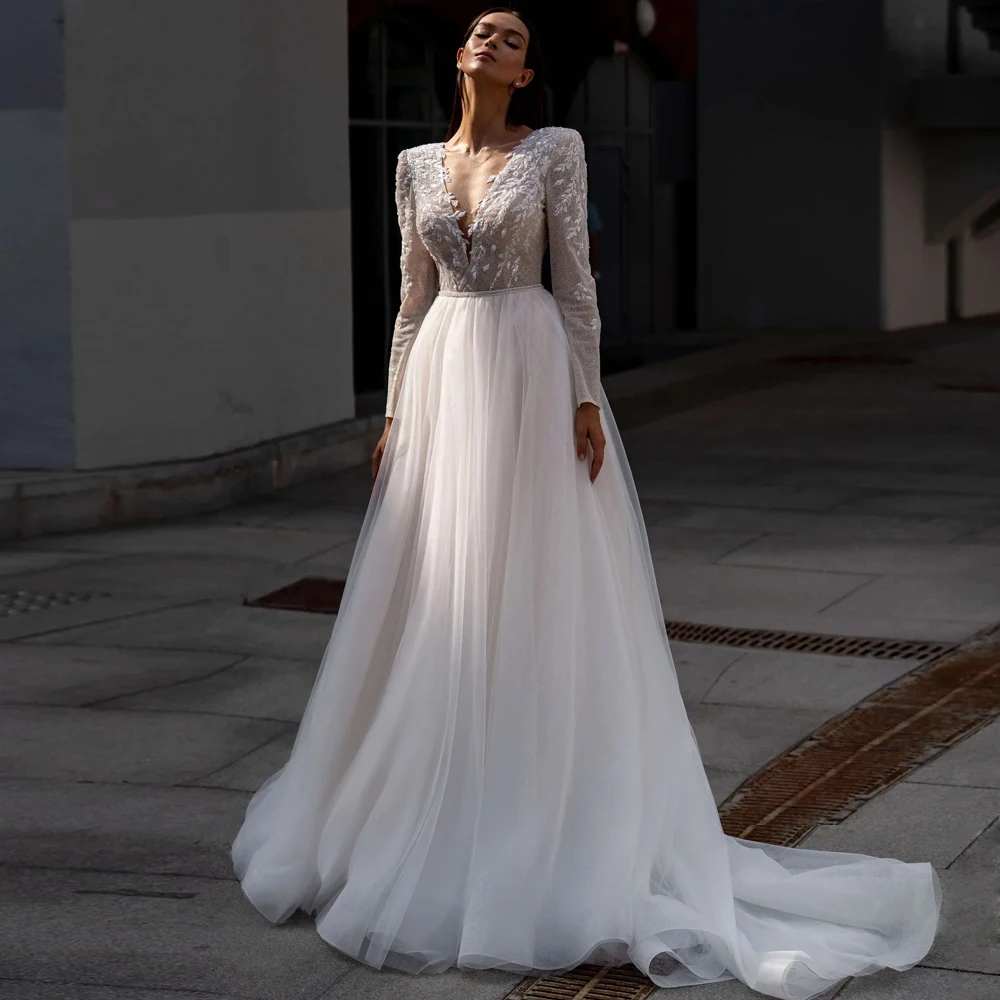 

Elegant V Neck A-Line Wedding Dresses Appliques Floral Lace Long Sleeves Open Back beads Floor Length Tulle Vestidos De Novia