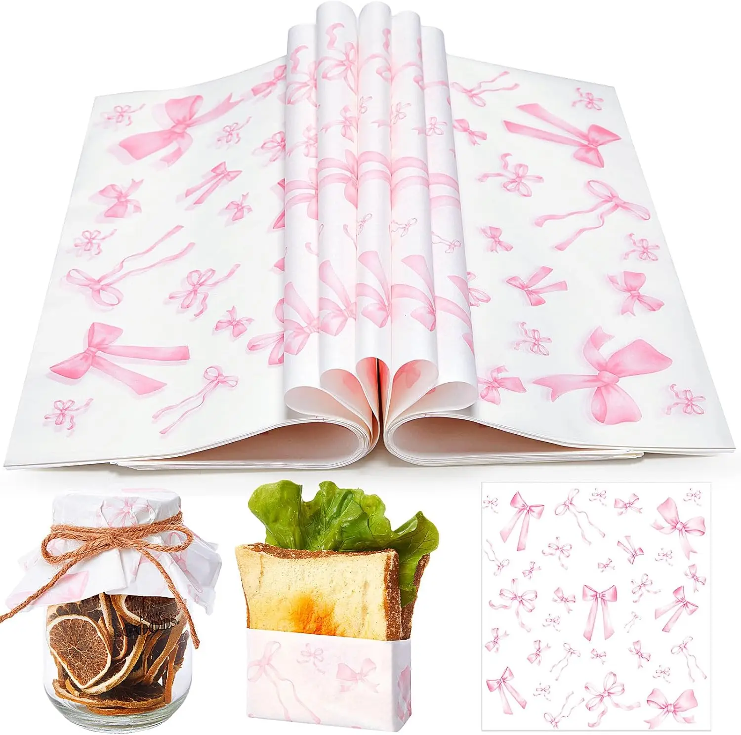 Papel Encerado Rosa con Diseño de Lazo, 100 Hojas de 11.4x11 Pulgadas, Envoltorio Antigrasa para Sándwiches, Hamburguesas, Picnic, Fiestas de Cumpleaños