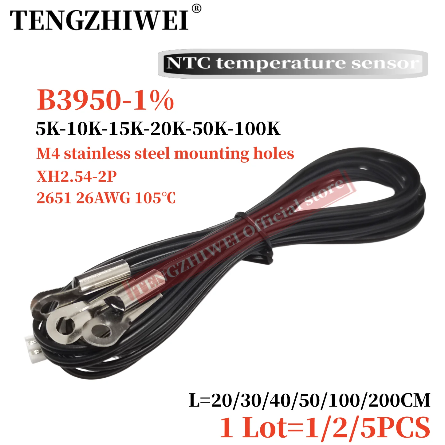1/2/5PCS M4 Fixed Stainless Steel Probe B3950 1% 5K 10K 15K 20K 50K 100K L20/30/40/50CM 1M 2M