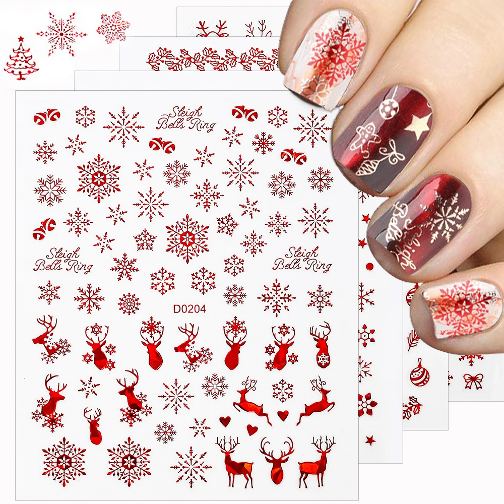 12 Uds. De pegatinas para uñas de Navidad de alce y Papá Noel rojo, holográfica brillante, copo de nieve, hombre de jengibre, muñeco de nieve, pegatina para manicura de invierno