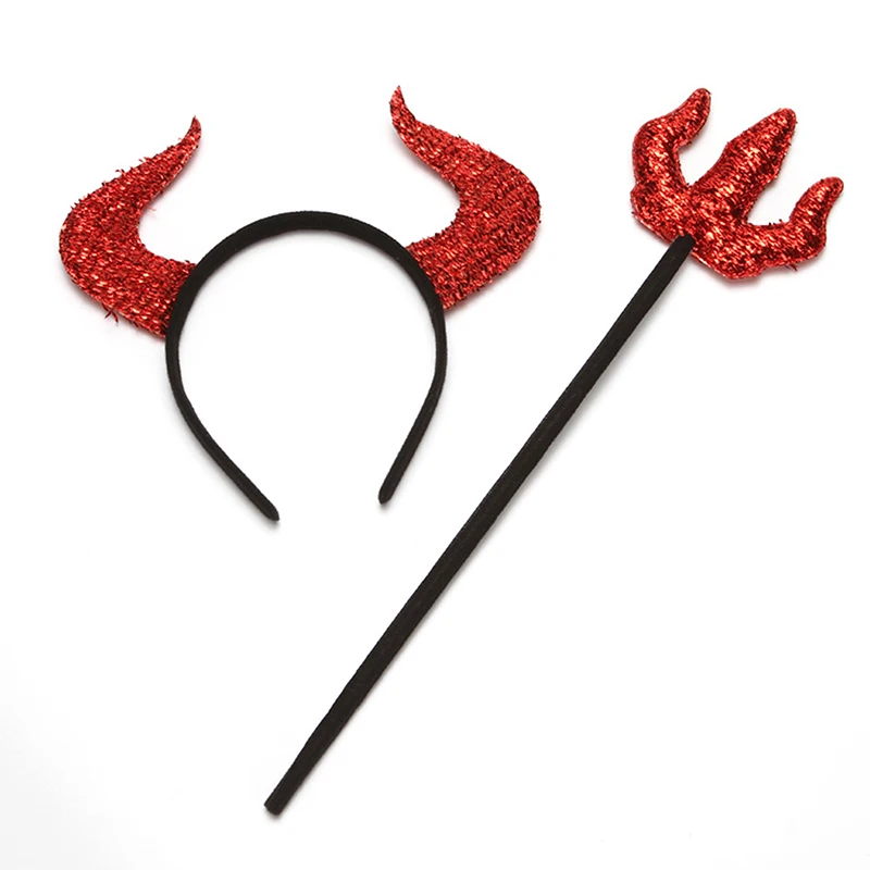 2Pcs/set Halloween Ox Horn Headband Fork Set Party Costume Props Devil Crutches Cosplay Demon Funny Red Headware Decoration