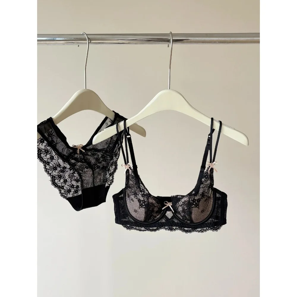 Women French Half Cup Lingerie Set Thin Minimizer Soft Underwire Support Anti‑Sagging Side Collect Fat Bra Panties Set Size S-XL