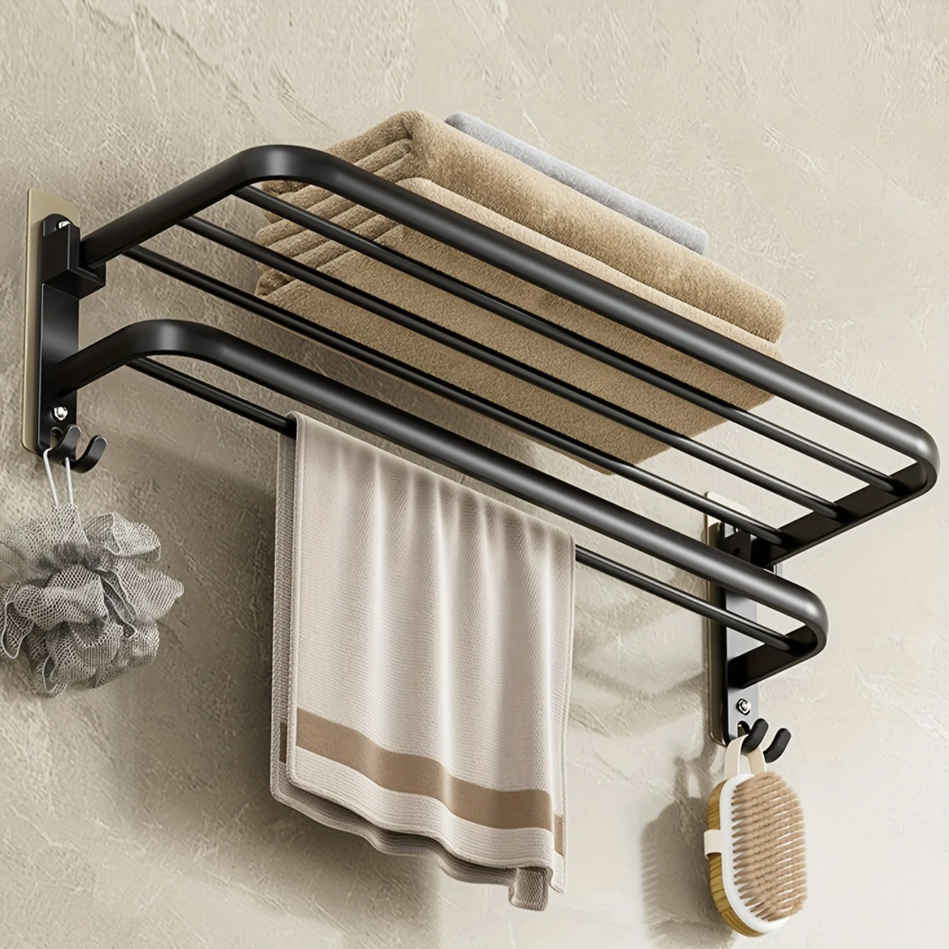 

1pc Wall Mount Towel Rack For Bathroom Organizers And With Sturdy - Save Space Foldable Towel Shelf, Aluminum No Drill And Sc