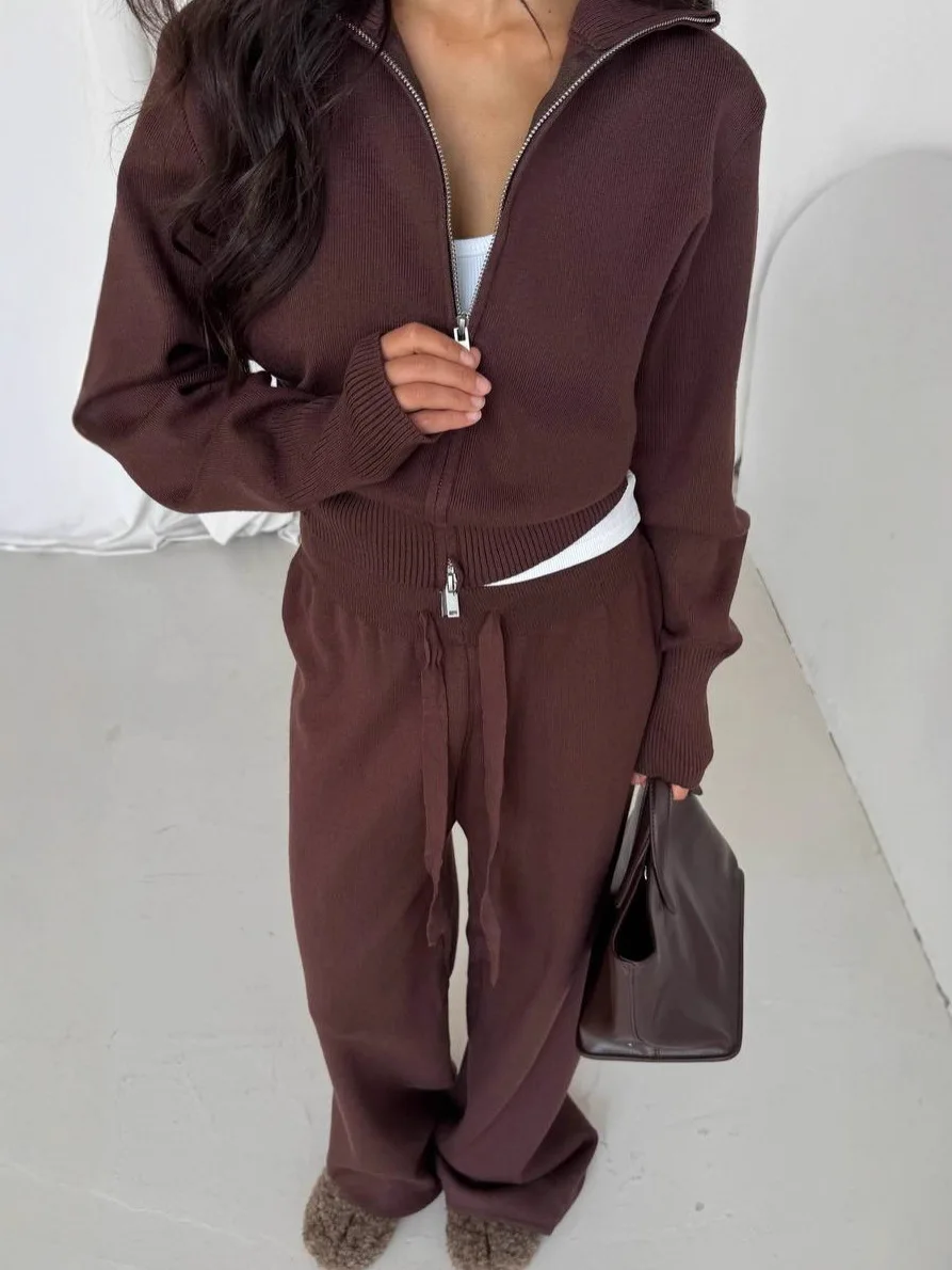 Women Fall Winter Knit Co Ord Set Half Zip Long Sleeve Top Elastic Waist Drawstring Wide Leg Pants Casual Outfit