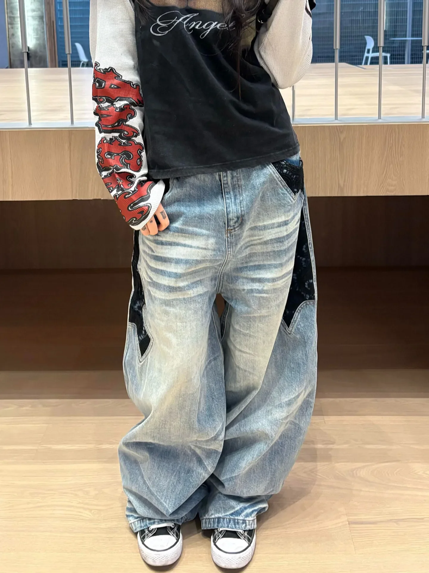 Women's Blue Y2k Jeans Harajuku Vintage Wide Leg Denim Trousers American Retro 2000s Style Boyfriend Jeans Pants