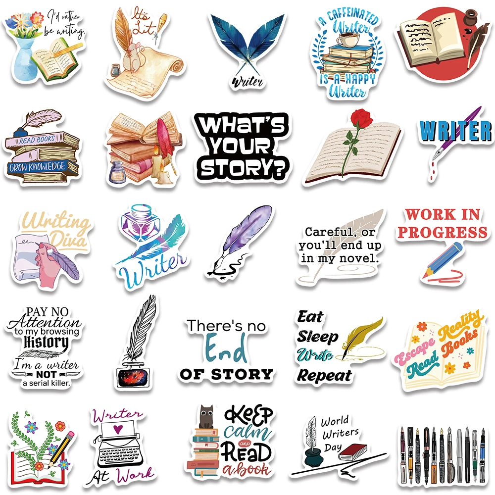 50PCS Writer Writing Book Student Stickers Vintage For DIY Kid Notebook Case Bottle Motorcycle Laptop Refrigerator Decal Toys