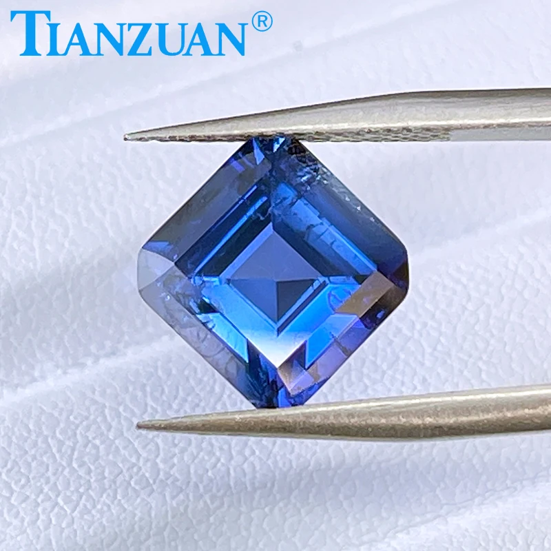 Lab Grown Sapphire Square Shape Cornflower Blue Sapphire Emerald cut Synthetic Corundum Gemstone with inclusions loose stone