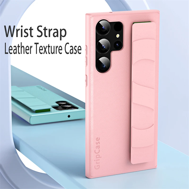 Fashion Wrist Strap Holder Leather Texture Case For Samsung Galaxy S23 S22 Ultra Plus Candy Color Shockproof Matte PC Hard Cover