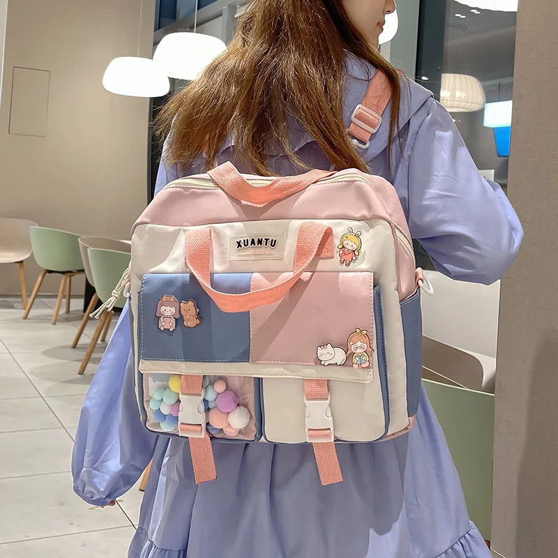 Contrast Color Korean Style Women\'s Backpack Women\'s Bag 2024 Trend Multifunctional Schoolgirl\'s Nylon Fabric School Bag Kawaii