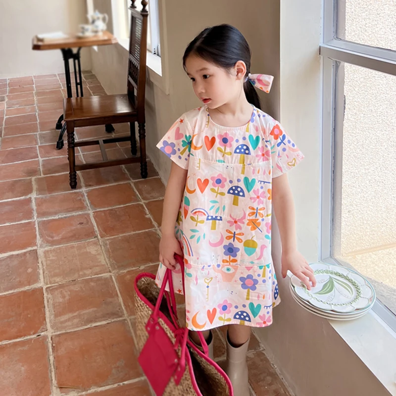 3-8T Summer Baby Girls Dress Korean Style Floral Heart Printed Short Sleeved Sundress Sweet Children Casual Dress with Headband